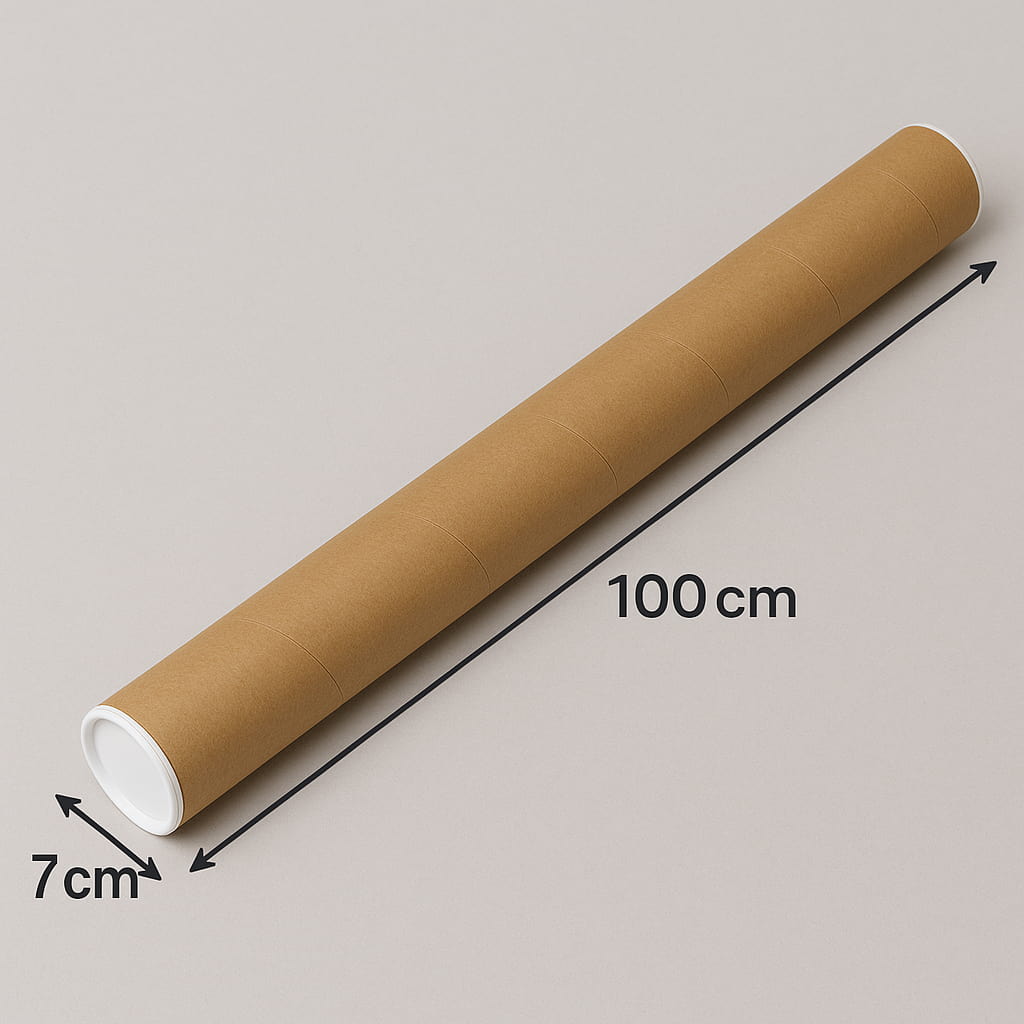 Tubo de cartón marrón con tapas, 7 cm de diámetro y 100 cm de largo, ideal para lienzos, planos o productos largos enrollables como vinilos de corte. Embalaje resistente para envíos seguros