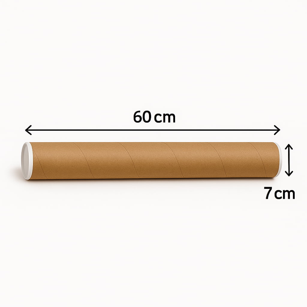 Tubo de cartón resistente de 7 x 60 cm, perfecto para proteger y transportar productos alargados como láminas, posters, mapas o lienzos. Este packaging ecológico es ideal para envíos postales, galerías de arte y tiendas online que requieren una solución segura y reciclable. Incluye tapas de cierre hermético.