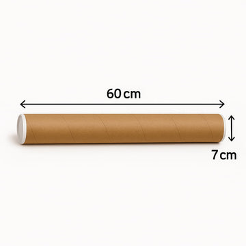 Tubo de cartón resistente de 7 x 60 cm, perfecto para proteger y transportar productos alargados como láminas, posters, mapas o lienzos. Este packaging ecológico es ideal para envíos postales, galerías de arte y tiendas online que requieren una solución segura y reciclable. Incluye tapas de cierre hermético.
