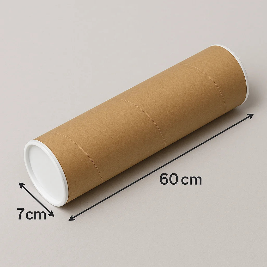 Tubo de cartón resistente de 7 x 60 cm, perfecto para proteger y transportar productos alargados como láminas, posters, mapas o lienzos. Este packaging ecológico es ideal para envíos postales, galerías de arte y tiendas online que requieren una solución segura y reciclable. Incluye tapas de cierre hermético.